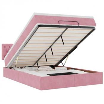Coffret lit ottoman et matelas velours rose, dimensions 140 x 200 cm