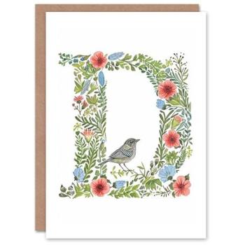 Floral Alphabet “D” Letter Card with Birds