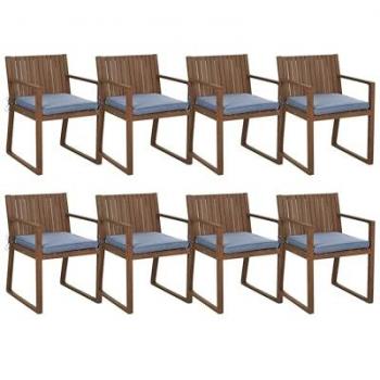 BELIANI 8 Rustic Wood Dining Chairs for Outdoor Use with Blue Cushions