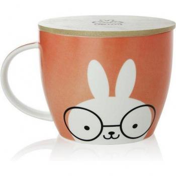 Grand récipient céramique pour café, thème caricature, couvercle bambou thermique