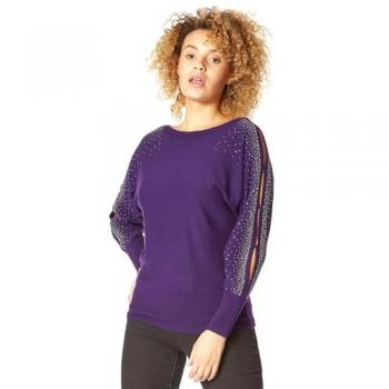Purple Split Sleeve Jumper with Hotfix Detail for Women