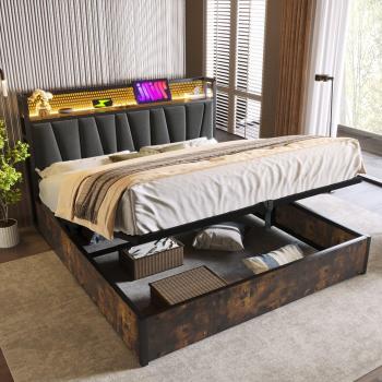 Lit coffre 140x200 cm « Gris Métallique » – Tissu lin, ports USB