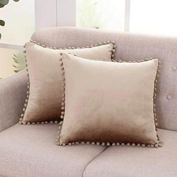 Deconovo Crushed Velvet Pillow Covers with Pom Poms, Set of Two, 45cm x 45cm, Taupe