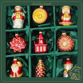 Krebs Glas Lauscha 9-teiliges Christbaumschmuck-Set Rot-Gold, 6-8 cm