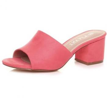 Coral Faux Suede Heeled Sandals: AJVANI Mid-Block Peep-Toe Mules