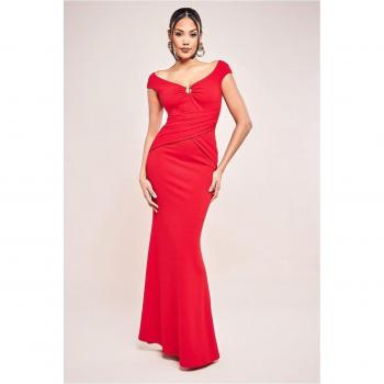 Goldtrim Bardot Pleated Maxi Dress in Crimson – Goddiva