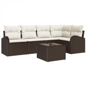 Rattan Retreat – 6‑Piece Brown and White Garden Sofa with Cushion Set
