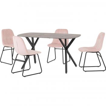 Lukas Chairs and Athens Dining Table Set with Concrete Base and Pink Velvet Upholstery