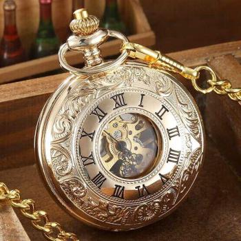 Luxury Mechanical Pocket Watch with Fob Chain and Roman Numerals