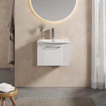 Retro 1-Drawer Vanity with Curved Ceramic Basin – 500mm, Wall Hung, Satin White