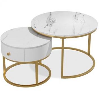 Petit ensemble de tables d'appoint Madrid – 70x48 cm – Tiroir intégré – Marbre blanc – Vicco