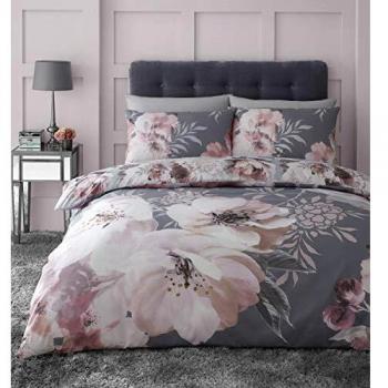 Catherine Lansfield Dramatic Floral Grey Duvet Cover Set Bedding Double