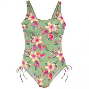 Lascana Damen-Badeanzug Malia: Hellgrün, Seitlicher Faltenakzent, Tropen‑Design, 38 C/D