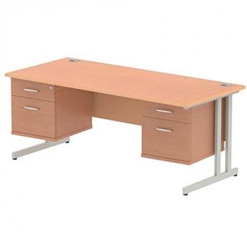 Impulse 1800x800 Desk Beech Silver Cantilever Leg + 2 Fixed Pedestals