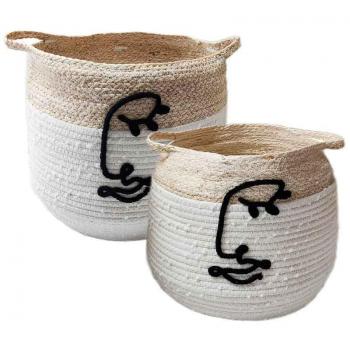 Juego de 2 cestas con asas de fibra natural en blanco y beige