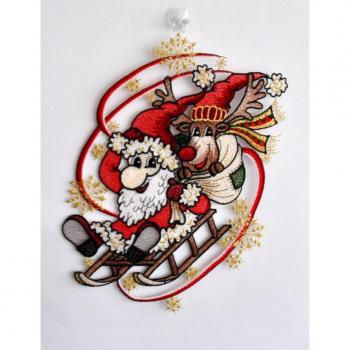Plauener Stickerei: Fensterbild »Schlittenfahrt des Weihnachtsmanns«