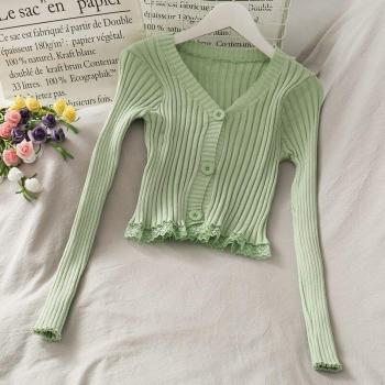 Cardigan Elegante con Remiendo de Encaje, Suéter 3/4