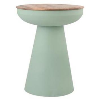 Mesa redonda con almacenamiento de diseño en metal celadón y madera de mango H52 cm