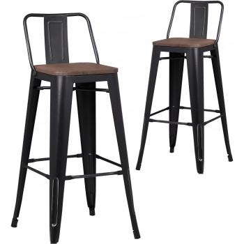 Matte Black Kitchen Bar Stools with Wood Seat