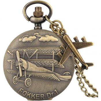 Reloj de bolsillo de cuarzo con colgante de buque de guerra y avión en bronce