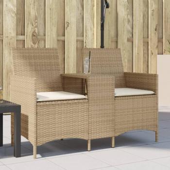 Sofá de jardín 2 plazas con mesa y cojines de rattán pé beige