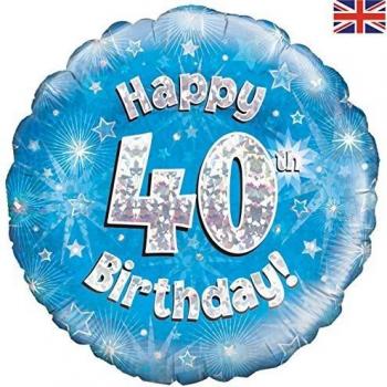 Oaktree 18 Happy 40th Birthday Blue Holographic Balloon