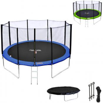 Trampoline de Jardin Rond pour Enfants 430cm réversible Bleu/Vert Melbourne + Filet, échelle, bâche et kit d'ancrage, Montage Facile