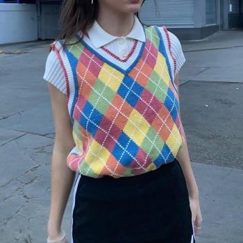 V Neck Sleeveless Argyle Knitted Vest for Women in Autumn Rainbow Colors