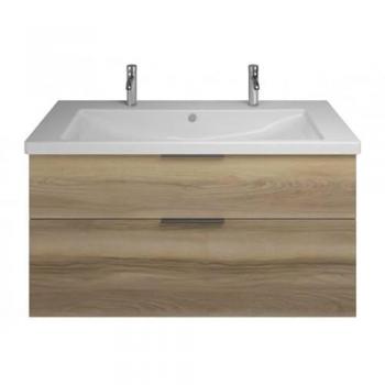 Burgbad Eqio 123 cm Keramik-Doppelwaschtischkombination mit Waschtischunterschrank, Frassino Dekor Cappuccino, Griff Schwarz G0200