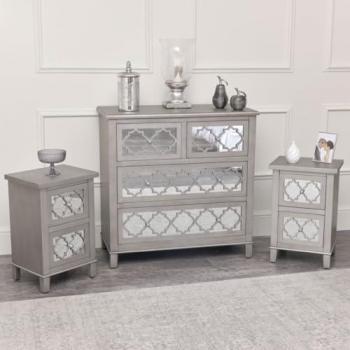 Large Silver Mirrored Lattice Chest of Drawers & Pair of Bedside Tables, Sabrina Silver Range