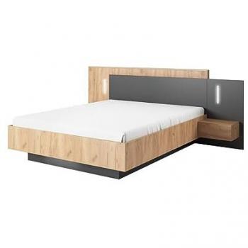 FrancoLì 160x200 VENTE-UNIQUE Bett mit Nachttischen, 2 Schubladen + LEDs, Natur/Anthrazit