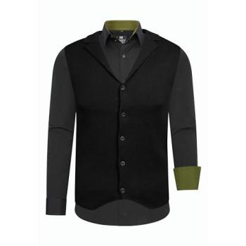 Rusty Neal Herren Langarmhemd mit Kombi-Weste – Größe 4XL Euro, schwarz & khaki, 60/37/3 Baumwolle/Polyester/Elasthan