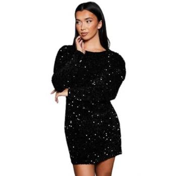 Velvet Nightshine Puff Mini Dress, Long Sleeve, Black