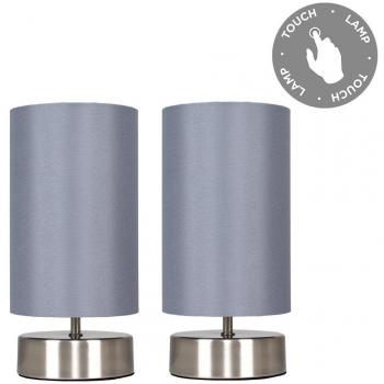 Stylish Modern Brushed Chrome Touch Dimmer Bedside Lamp Duo with Grey Cylinder Shades