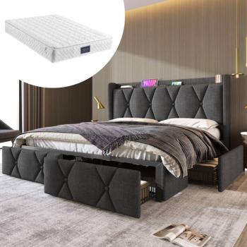 Letto 140x200 con Rete a Doghe, Testiera e 4 Cassetti – Okwish