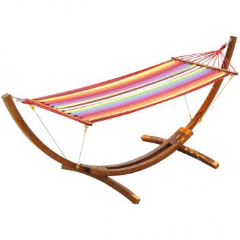 Outsunny Garden Outdoor Patio Standing Frame Wooden Cotton Hammock with Arc Stand and Safe Ropes