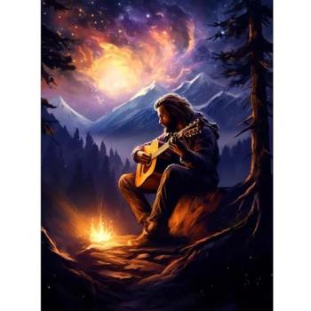Wilderness Riff: Campfire Guitarist amid Stormy Peaks – Premium Wall Decor