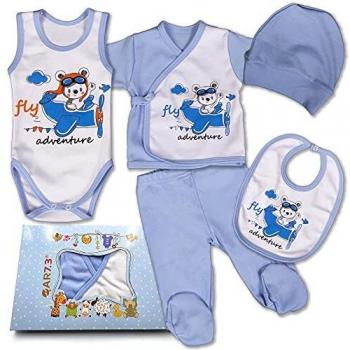 Kit di vestiti neonato QAR7.3 – Body, pigiama, bavaglino e cuffietta in blu (taglia 56)