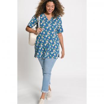 Maglia tunica con fiori, scollo a tunica e maniche 3/4, Donna, Blu, Taglia: 56/58, Cotone