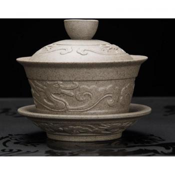 Gaiwan chino de porcelana con relieve tallado