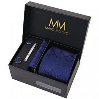 Massi Morino ® Corbata y clip de corbata azul oscuro