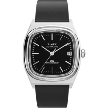 Timex E‑Line 1983 Automatic 34 mm Watch – Black Dial, Leather Band, Stainless Steel Case