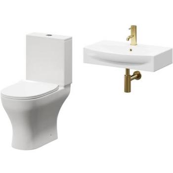 Cambra Ceramic Wall Hung Toilet and Basin Suite with Brass Trap