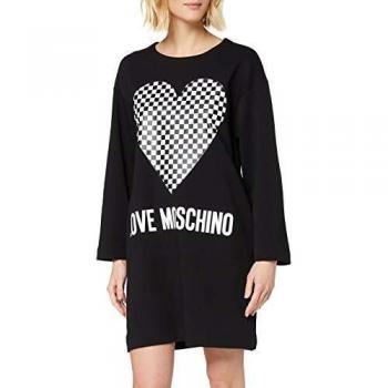 Love Moschino vestito lungo in felpa con cappuccio, logo e cuore a scacchi, nero (Black C74)