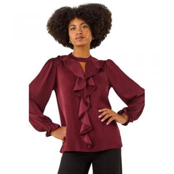 Top satiné rouge avec volants et détail clé de front