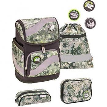 Belmil Schulranzen Set 5-teilig ergonomisch für Jungen 1-4 Klasse mit Patch Set Militär Schwarz Grün Grau