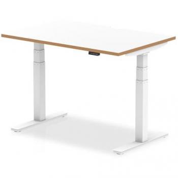 Oslo 1200mm Height Adjustable Office Desk with White Top, Natural Wood Edge, and White Frame
