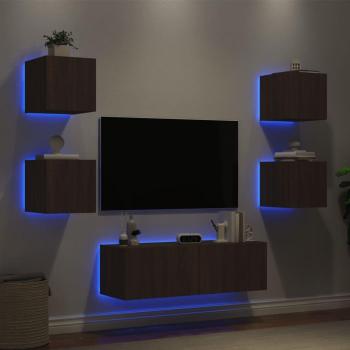 5-tlg. TV-Wohnwand mit LED-Leuchten in Braun Eichen-Optik