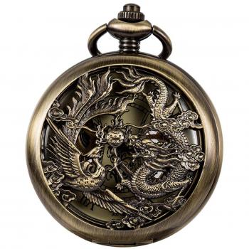 ManChDa Antique Mechanical Pocket Watch Lucky Dragon & Phoenix (Best Wishes) Bronze Skeleton Dial with Chain