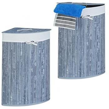 2x Corner Laundry Baskets in Grey Bamboo, Foldable, 60L, Space-saving Cotton Bag, Dimensions: 65 x 49.5 x 37 cm